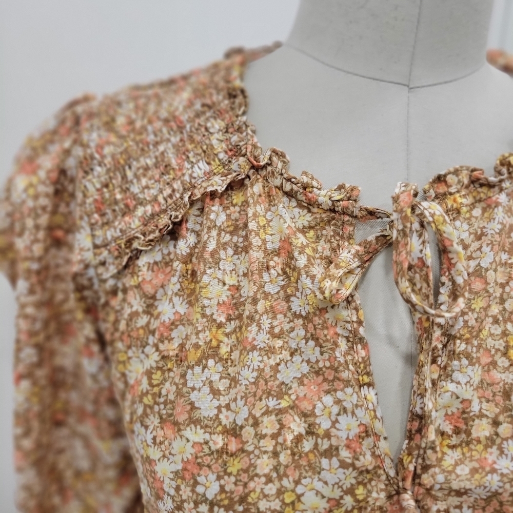 American Eagle Boho Floral Smock Detail Tie Neck Longsleeve Blouse Size S - Picture 5 of 11